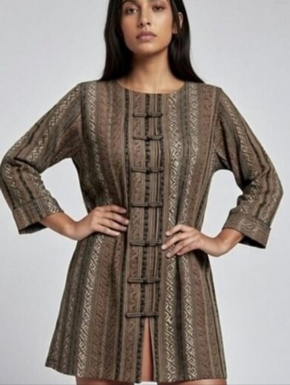 Pride & Joy Women's Tribal Print Ethnic Tunic Shirt Black Tan and Cream Size 12